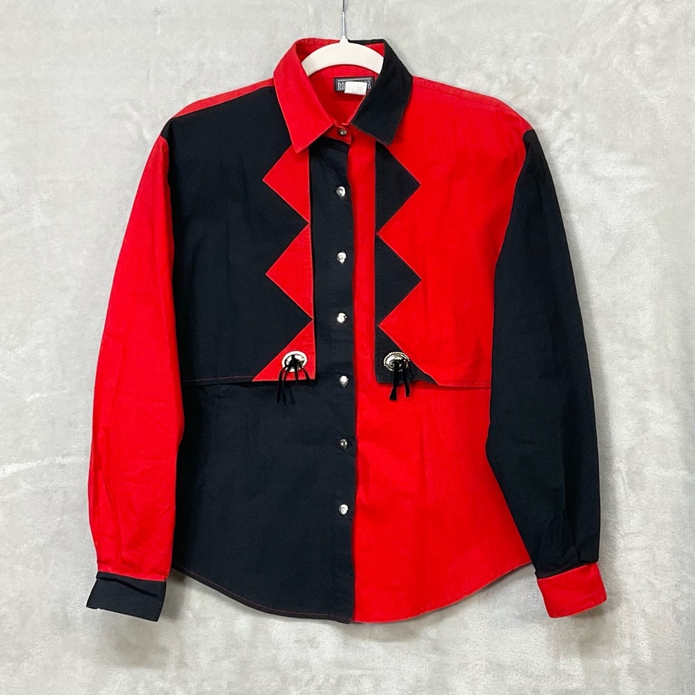 Roughrider Circle T Western Red Black L/S Button Up Shirt - Womens Sz S - Vtg